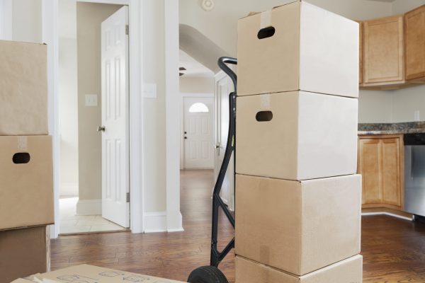 Moving house, relocation, cardboard boxes piled up in a house